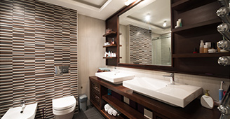 Modern bathroom with custom plumbing fixtures and appliances
